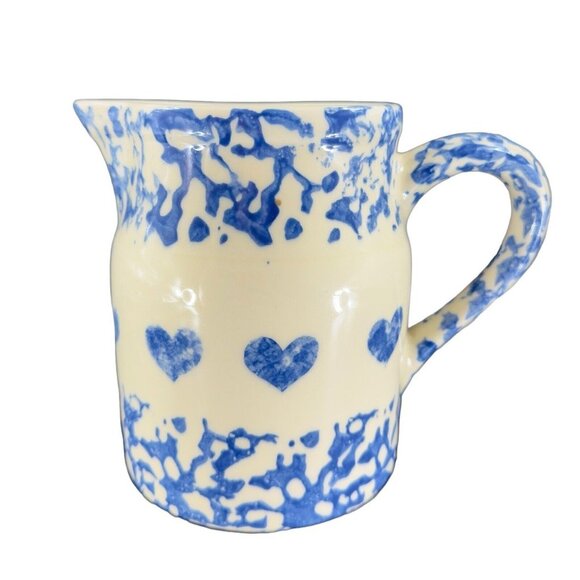 Roseville Pottery 1 Qt Pitcher Oven Proof Blue Sponge Ware Hearts Hand Painted - Picture 1 of 14